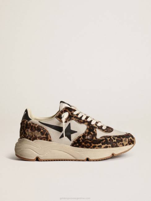 Golden Goose mujer Zapatillas deportivas con suela de running de malla color crema con inserciones de piel de potro con estampado de leopardo y estrella de piel negra 684647