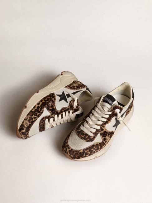 Golden Goose mujer Zapatillas deportivas con suela de running de malla color crema con inserciones de piel de potro con estampado de leopardo y estrella de piel negra 684647
