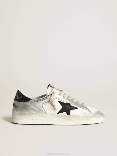 Golden Goose mujer zapatillas stardan de piel laminada plateada con inserciones de napa blanca y estrella de piel negra 6846256