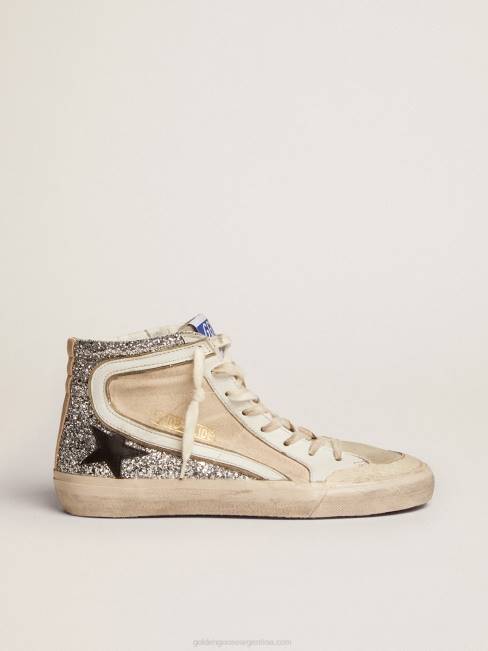Golden Goose mujer Deportivas penstar slide de lona color crema y purpurina plateada con estrella de piel negra 6846276