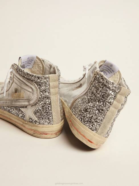 Golden Goose mujer zapatillas deportivas slide con pala de piel laminada y purpurina plateada 684669