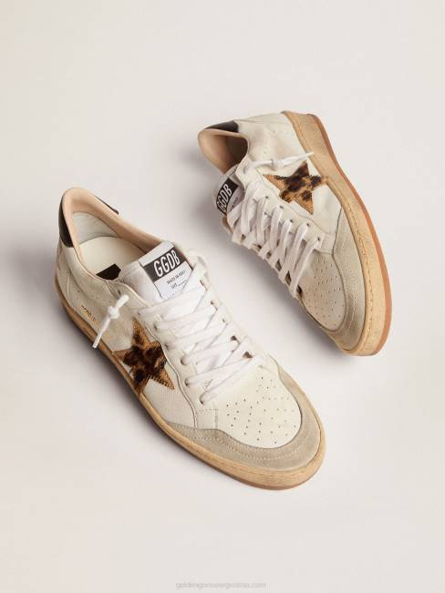 Golden Goose mujer zapatillas ball star con estrella de piel de potro con estampado de leopardo y refuerzo del talón de piel negra 68467