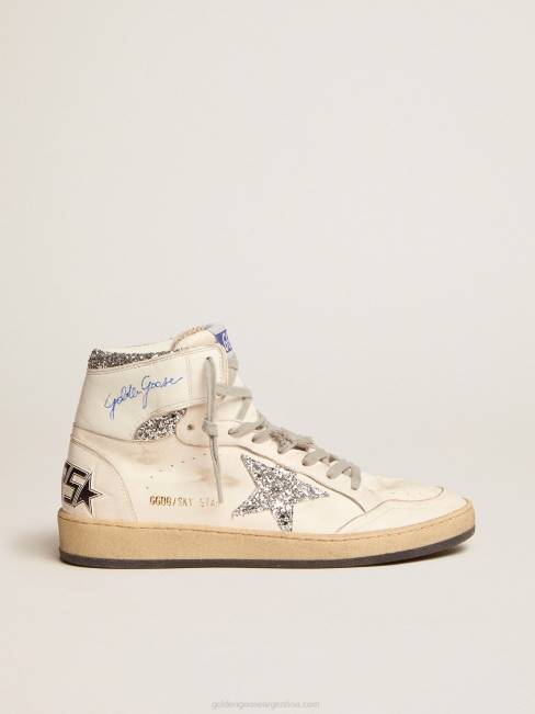 Golden Goose mujer zapatillas sky-star con firma en el tobillo e inserciones de purpurina plateada 68462