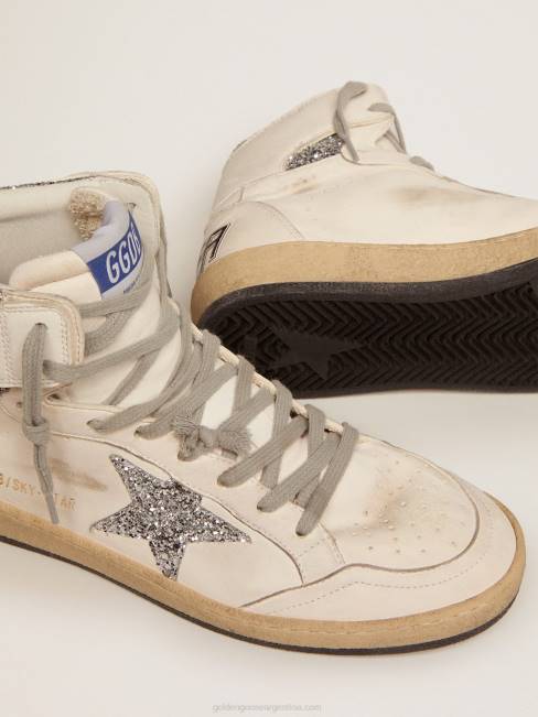 Golden Goose mujer zapatillas sky-star con firma en el tobillo e inserciones de purpurina plateada 68462