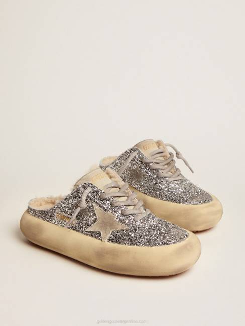 Golden Goose mujer sabot space-star en purpurina plateada con forro de borrego 684678