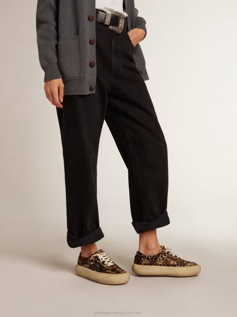 Golden Goose mujer zapatos space-star de piel de potro con estampado de leopardo con estrella de piel negra y refuerzo en el talón 6846174