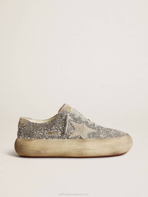 Golden Goose mujer zapatos space-star en purpurina plateada con estrella de ante gris hielo y refuerzo en el talón 6846212