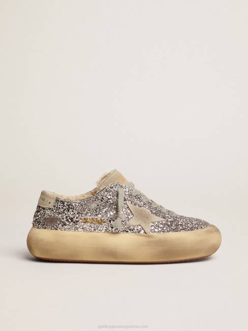 Golden Goose mujer zapatos space-star en purpurina plateada con forro de borrego 6846177