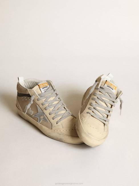 Golden Goose mujer Zapatillas deportivas mid star ltd de malla color crema con estrella de piel plateada metalizada y flash de piel negra 684614