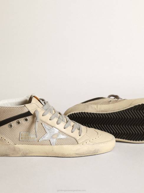 Golden Goose mujer Zapatillas deportivas mid star ltd de malla color crema con estrella de piel plateada metalizada y flash de piel negra 684614