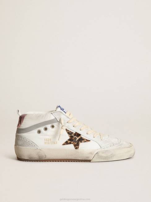 Golden Goose mujer Zapatillas mid star ltd de nailon blanco con estrella de piel de potro con estampado de leopardo y refuerzo del talón de piel rosa metalizada 684617