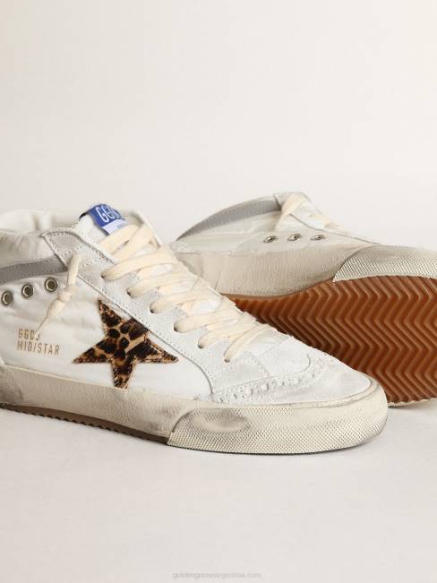 Golden Goose mujer Zapatillas mid star ltd de nailon blanco con estrella de piel de potro con estampado de leopardo y refuerzo del talón de piel rosa metalizada 684617