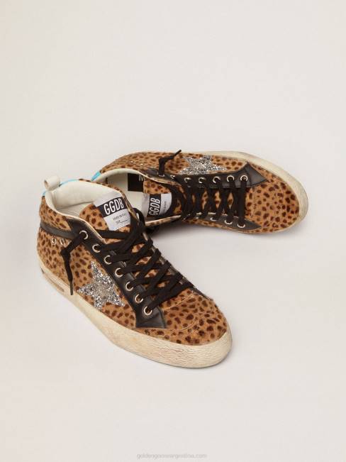 Golden Goose mujer zapatillas deportivas mid star de piel de potro animal print con estrella de purpurina plateada 6846110