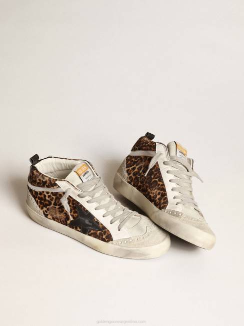 Golden Goose mujer zapatillas mid star de piel de potro con estampado de leopardo, estrella de piel negra y flash de piel laminada plateada 6846180