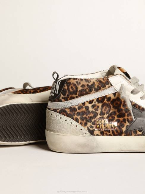 Golden Goose mujer zapatillas mid star de piel de potro con estampado de leopardo, estrella de piel negra y flash de piel laminada plateada 6846180