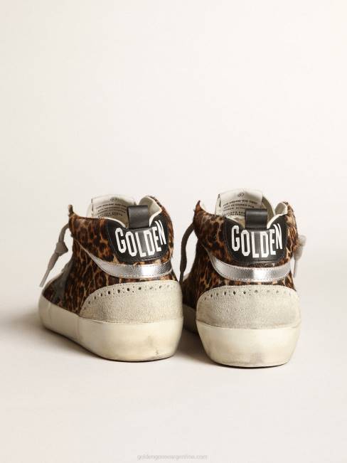 Golden Goose mujer zapatillas mid star de piel de potro con estampado de leopardo, estrella de piel negra y flash de piel laminada plateada 6846180