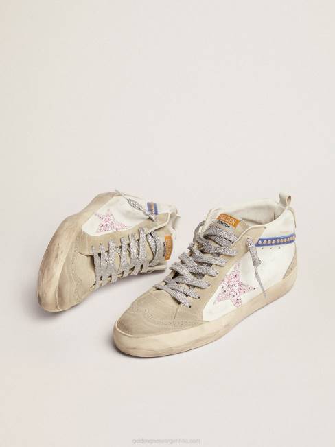Golden Goose mujer zapatillas mid star ltd con estrella de purpurina blanca y rosa y flash de piel azul con tachuelas doradas 684677