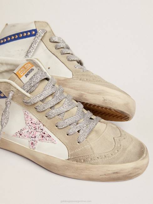 Golden Goose mujer zapatillas mid star ltd con estrella de purpurina blanca y rosa y flash de piel azul con tachuelas doradas 684677