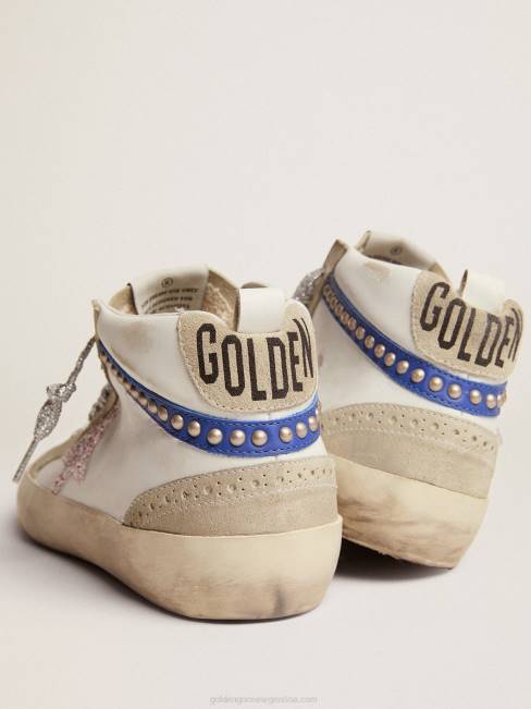 Golden Goose mujer zapatillas mid star ltd con estrella de purpurina blanca y rosa y flash de piel azul con tachuelas doradas 684677