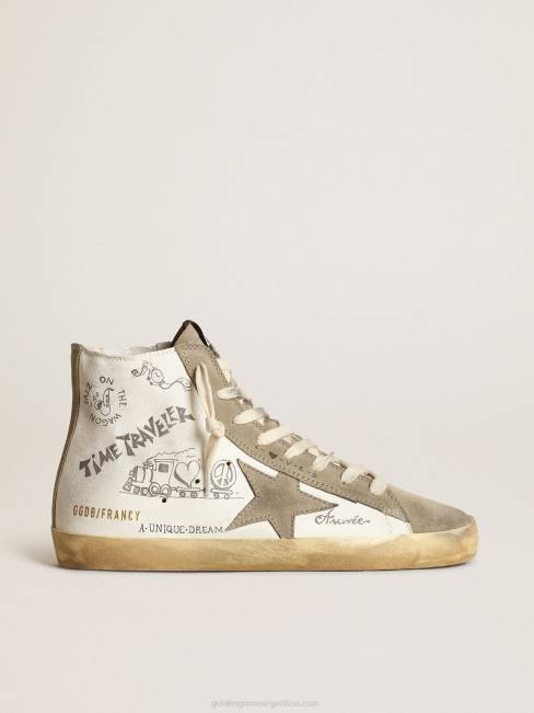 Golden Goose mujer zapatillas francy con inserciones de ante gris paloma y letras negras por toda la superficie 684644