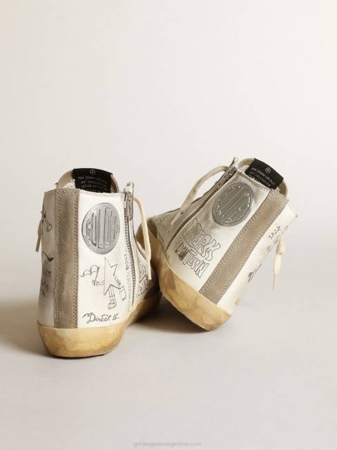 Golden Goose mujer zapatillas francy con inserciones de ante gris paloma y letras negras por toda la superficie 684644