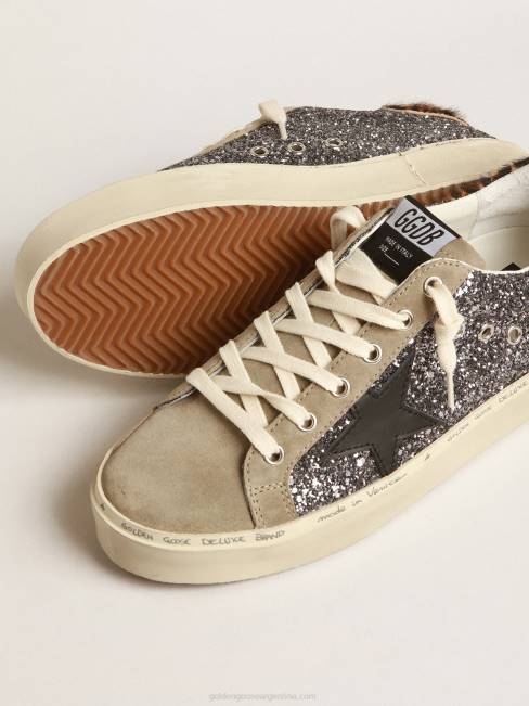 Golden Goose mujer hola estrella en brillo gris oscuro con una estrella de cuero negro 6846258