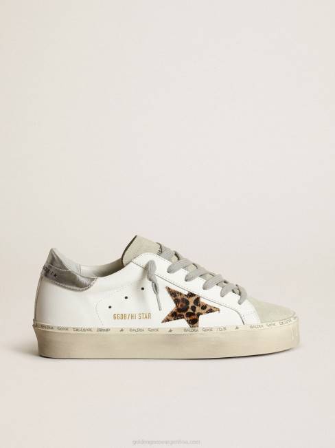 Golden Goose mujer zapatillas hi star con estrella de piel de potro con estampado de leopardo y refuerzo del talón de piel plateada metalizada 6846253