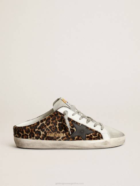 Golden Goose mujer zuecos super-star de piel de potro con estampado de leopardo, estrella de cuero negro y lengüeta de ante gris hielo 684615