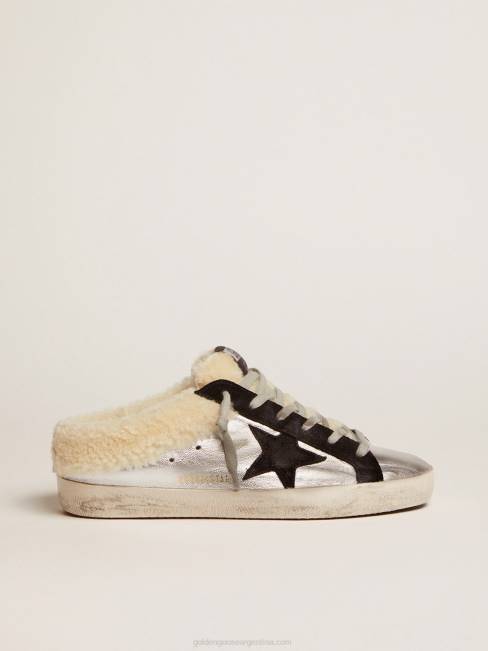 Golden Goose mujer zuecos super-star de piel laminada plateada con estrella de ante negro 6846121