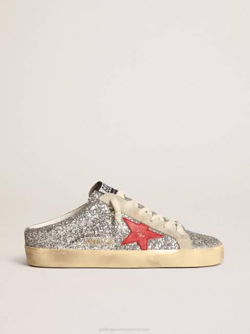Golden Goose mujer zuecos super-star en purpurina plateada con estrella de piel roja 684613
