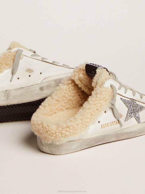 Golden Goose mujer zuecos superestrella de piel blanca con estrella de purpurina plateada y forro de borrego 6846117