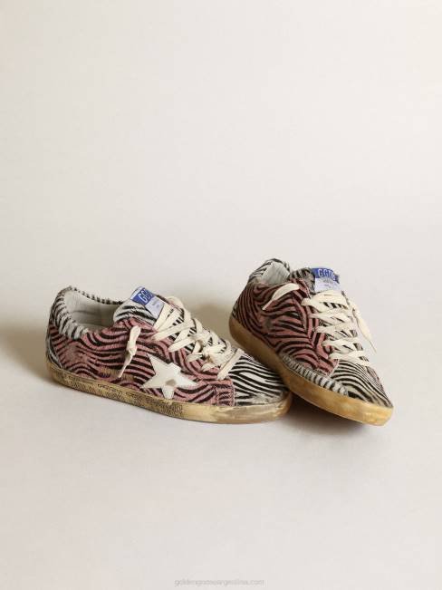Golden Goose mujer superestrella en piel de poni rosa y blanca con estampado de cebra y estrella blanca 6846198