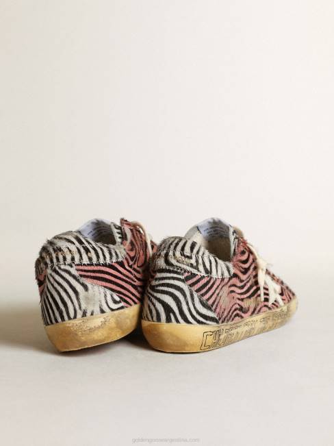 Golden Goose mujer superestrella en piel de poni rosa y blanca con estampado de cebra y estrella blanca 6846198