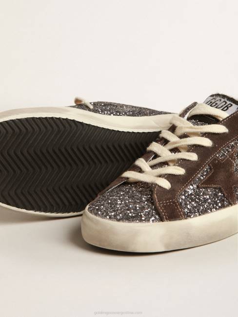 Golden Goose mujer superestrella en purpurina con estrella marrón y tirador lila en el talón 6846240
