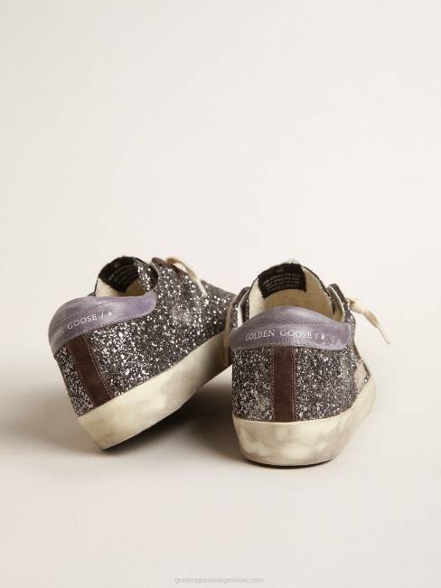 Golden Goose mujer superestrella en purpurina con estrella marrón y tirador lila en el talón 6846240