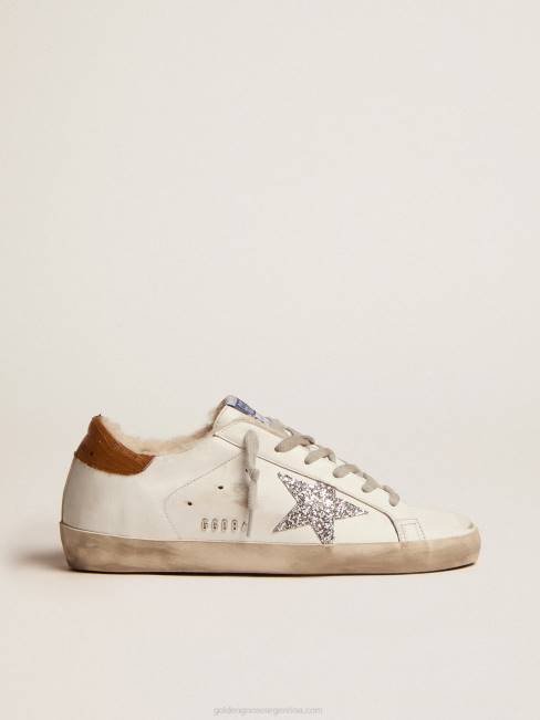 Golden Goose mujer zapatillas deportivas super-star con forro de borrego estrella plateada con purpurina y refuerzo del talón de piel gris tórtola con estampado de lagartos 684686