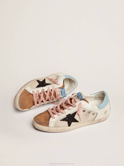 Golden Goose mujer zapatillas deportivas super-star de malla gris claro y piel blanca con estrella de purpurina negra 6846227