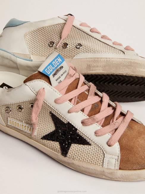 Golden Goose mujer zapatillas deportivas super-star de malla gris claro y piel blanca con estrella de purpurina negra 6846227