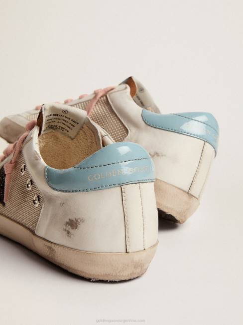 Golden Goose mujer zapatillas deportivas super-star de malla gris claro y piel blanca con estrella de purpurina negra 6846227
