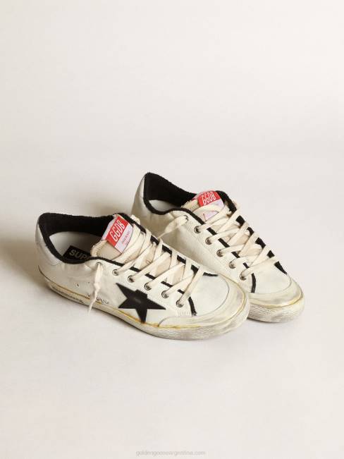 Golden Goose mujer zapatillas deportivas super-star ltd de lona beige con estrella de piel negra y refuerzo del talón de piel blanca 684620