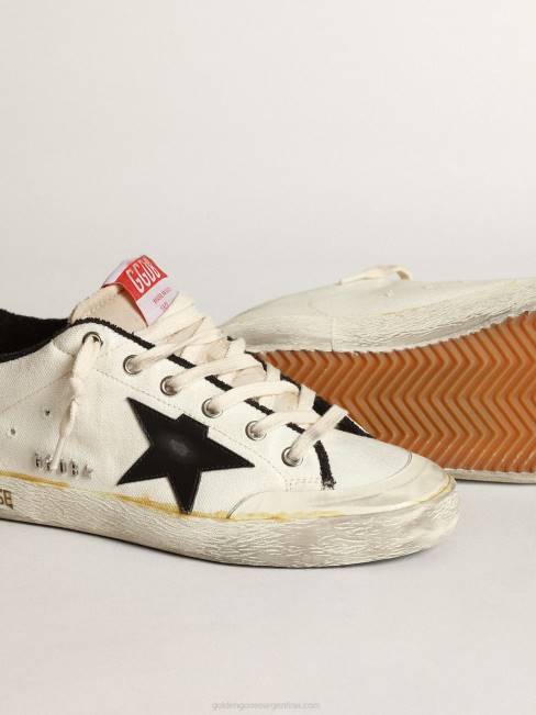 Golden Goose mujer zapatillas deportivas super-star ltd de lona beige con estrella de piel negra y refuerzo del talón de piel blanca 684620