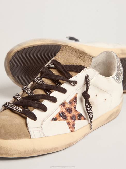 Golden Goose mujer zapatillas super-star con estrella de cristal con estampado de leopardo y refuerzo del talón de cristal plateado 684626