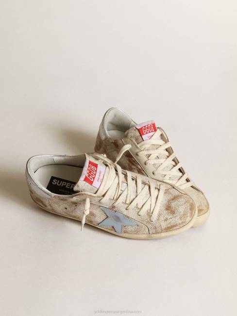 Golden Goose mujer zapatillas super-star con estrella de piel azul claro ahumado y refuerzo del talón de piel plateada metalizada 684650