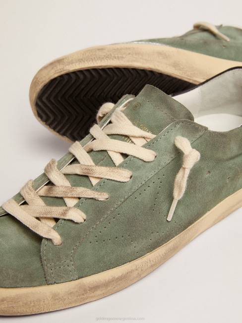 Golden Goose mujer zapatillas super-star de ante verde militar con estrella perforada y refuerzo del talón de piel azul oscuro 684649