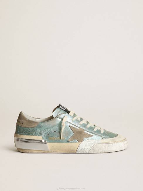 Golden Goose mujer zapatillas super-star de piel laminada verde menta con estrella de ante gris hielo y multifoxing 684648