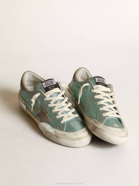 Golden Goose mujer zapatillas super-star de piel laminada verde menta con estrella de ante gris hielo y multifoxing 684648