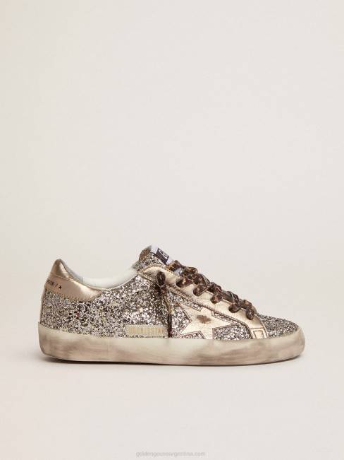 Golden Goose mujer zapatillas super-star de purpurina color platino con estrella y refuerzo en el talón de piel laminada tono sobre tono 6846286