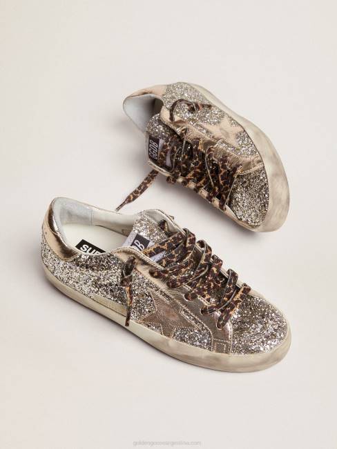 Golden Goose mujer zapatillas super-star de purpurina color platino con estrella y refuerzo en el talón de piel laminada tono sobre tono 6846286