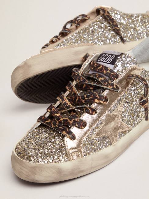 Golden Goose mujer zapatillas super-star de purpurina color platino con estrella y refuerzo en el talón de piel laminada tono sobre tono 6846286