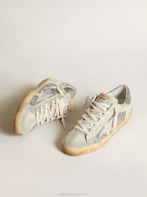 Golden Goose mujer zapatillas super-star en purpurina plateada con estrella e inserciones de ante gris hielo 684612